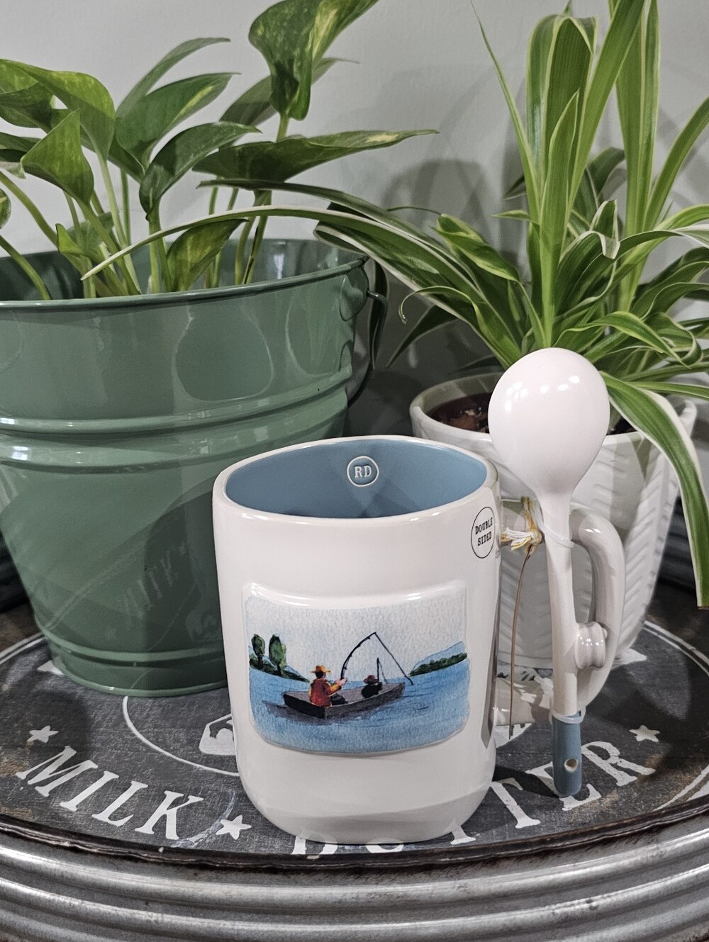 Rae Dunn Gone Fishing  Ceramic Coffee Mug, Latte spoon.White/Blue Farmhouse
